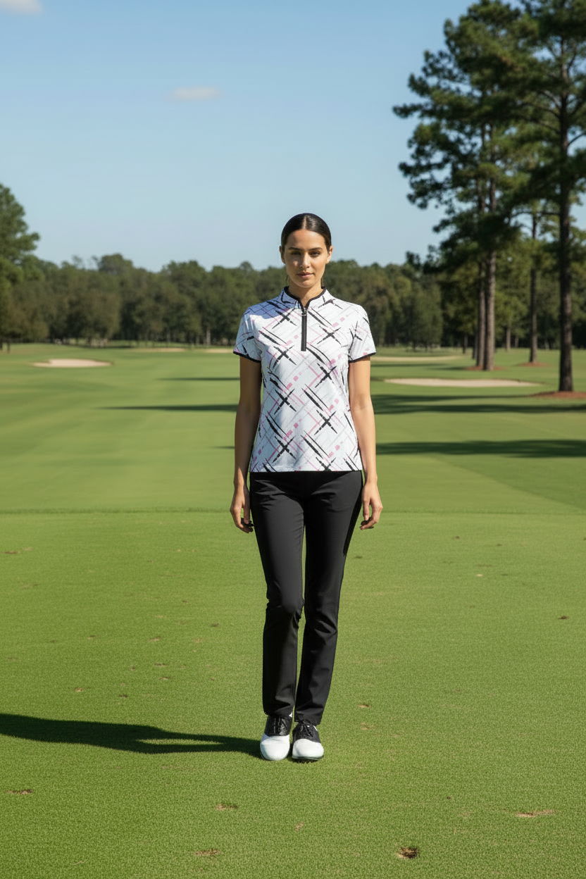Model wearing JRB white crosshatch pattern short sleeve golf polo on golf course