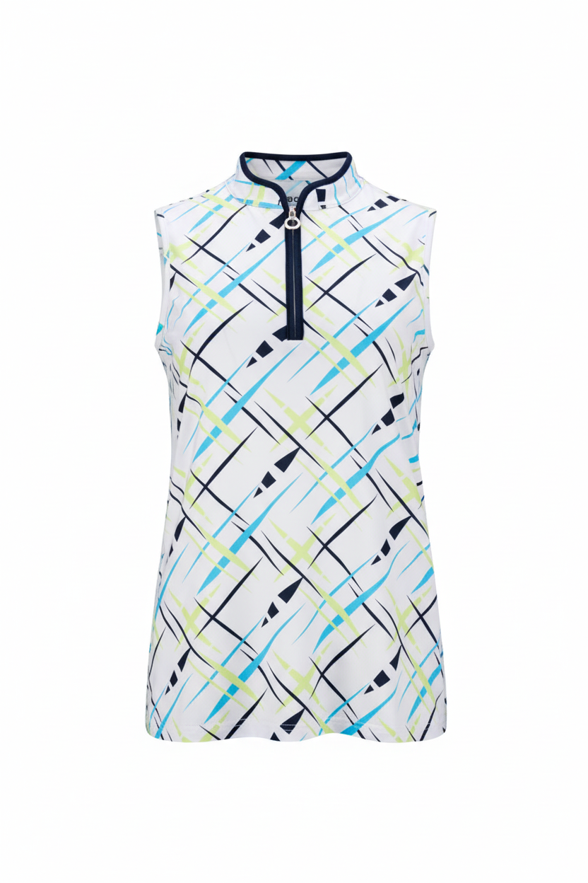 White sleeveless patterned golf polo on white background