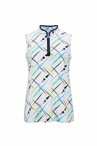White sleeveless patterned golf polo on white background