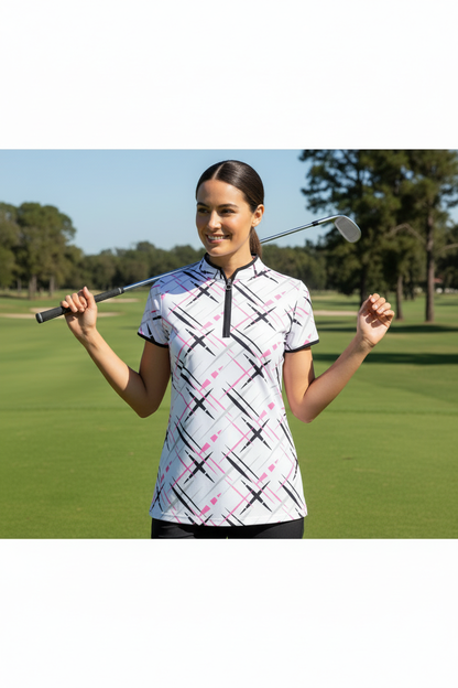 Model wearing JRB white crosshatch pattern golf polo on golf course