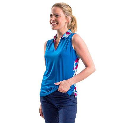 Island Green Leaf Print Sleeveless Polo In Blue