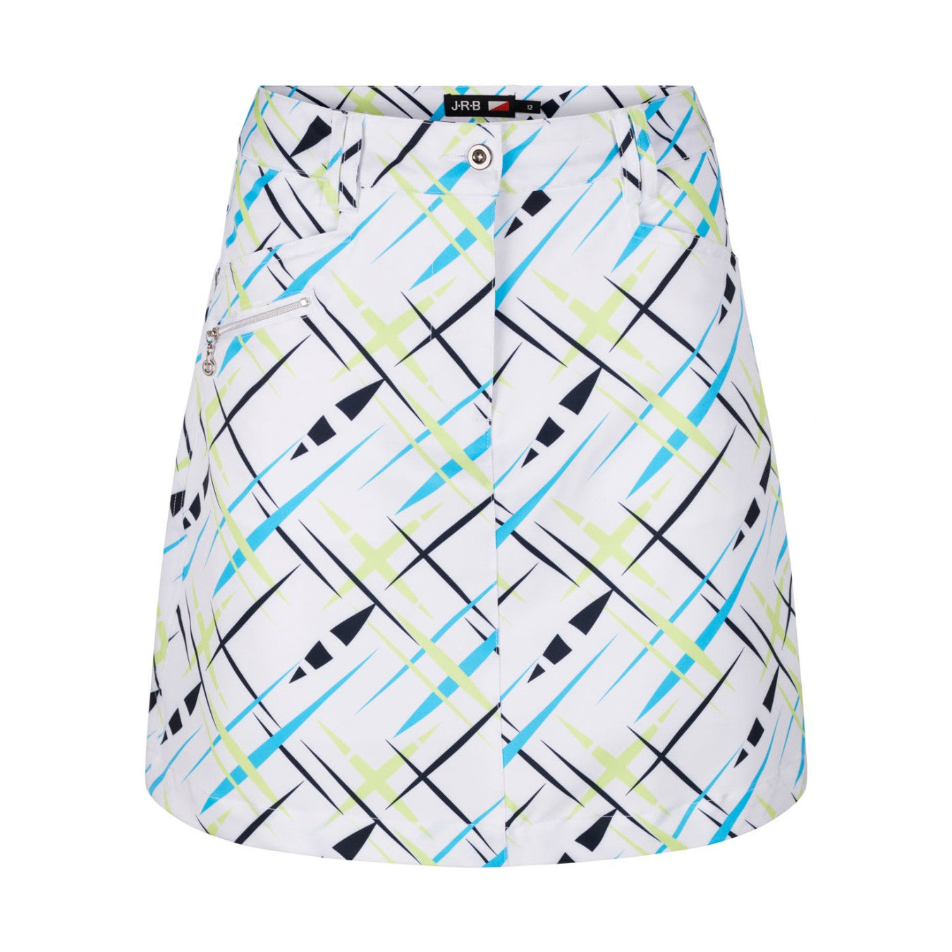 JRB Golf Skort in White with Lime/Navy/Aqua Dash Print
