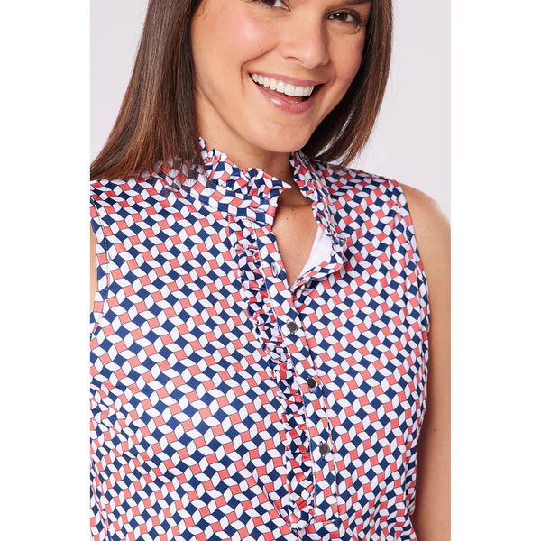 Swing out Sister Leona Sleeveless Frill Polo in Jumping Beans Print