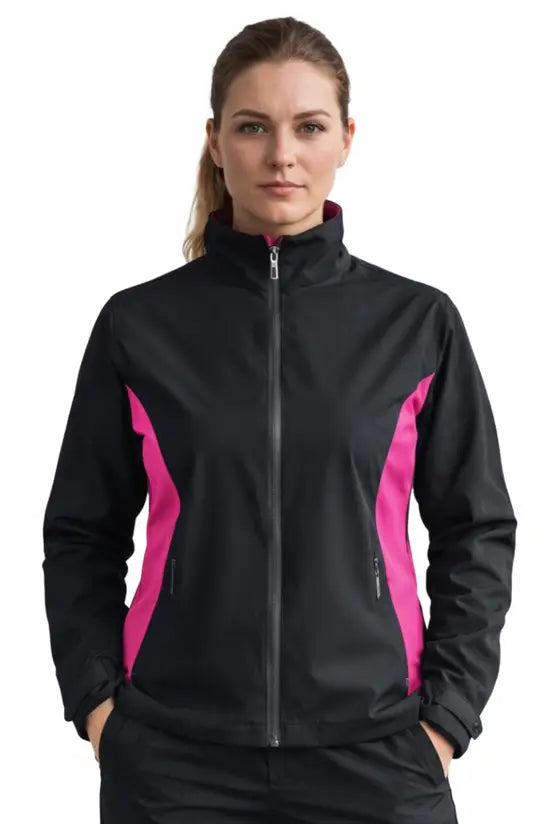 Island Green Ladies Waterproof Jacket in Black with Cerise Detailing