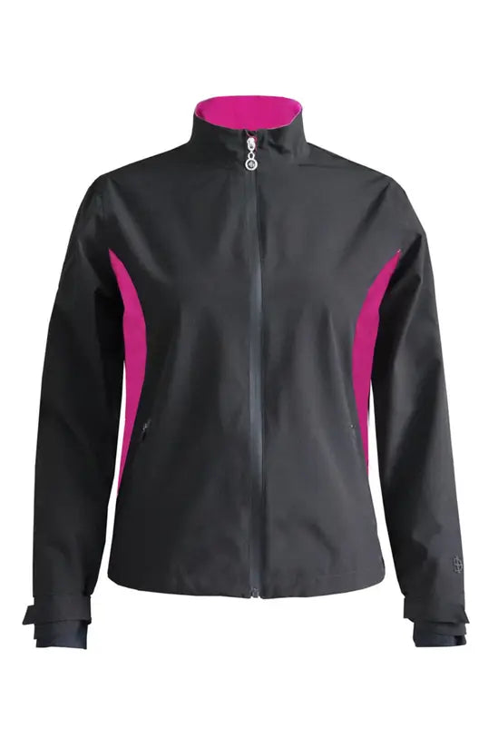 Island Green Ladies Waterproof Jacket in Black with Cerise Detailing