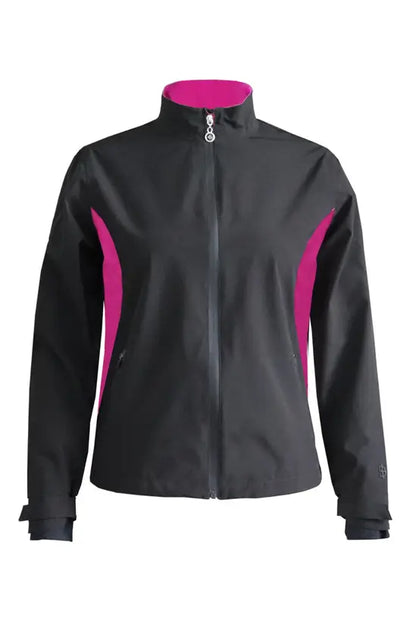 Island Green Ladies Waterproof Jacket in Black with Cerise Detailing