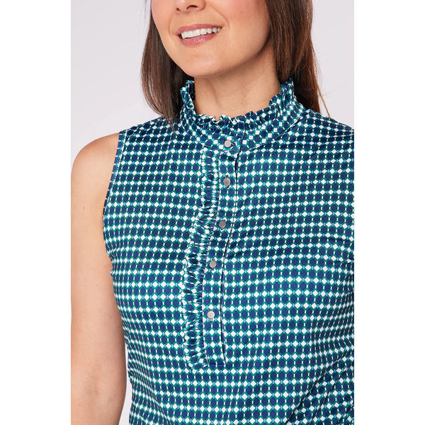 Swing out Sister Leona Sleeveless Frill Polo in Aquatic Awe Print