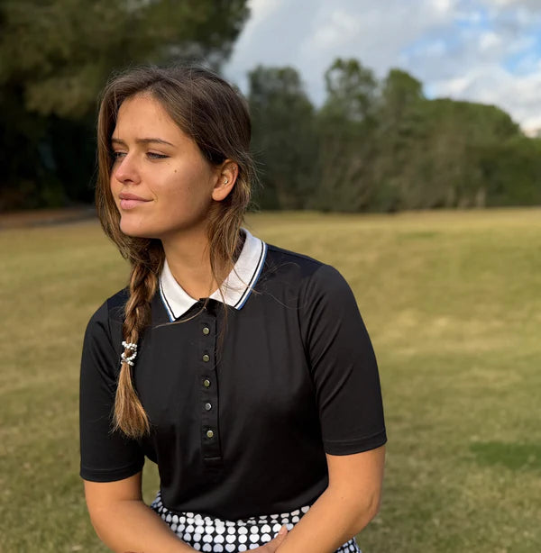 Swing out Sister Pickle Contrast Collar Short Sleeve Polo  Black