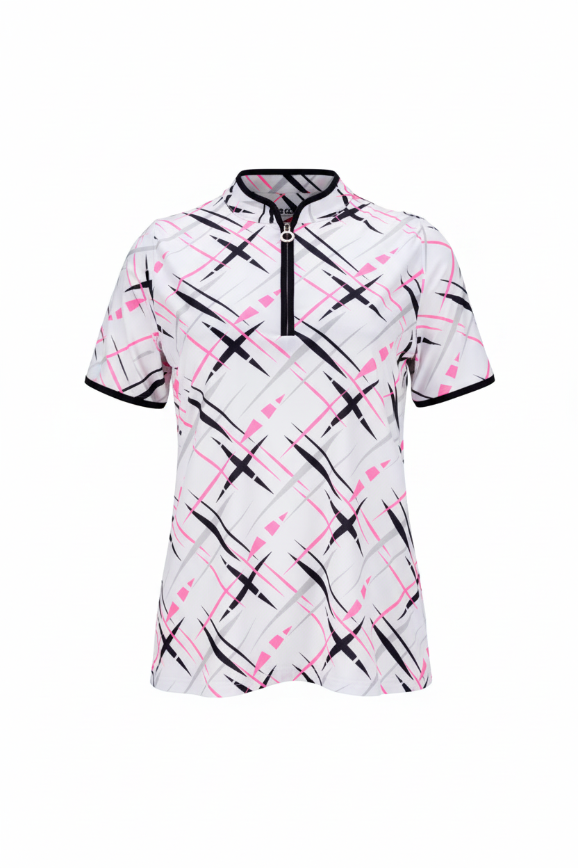 White patterned short-sleeved golf shirt on white background