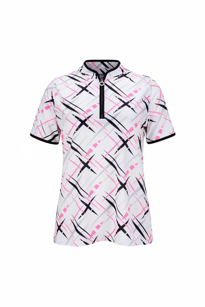 White patterned short-sleeved golf shirt on white background