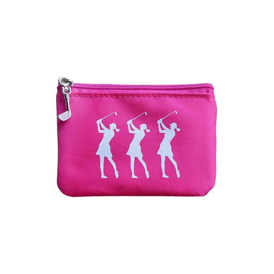 Lady Golfer Pink Coin Purse with golf club zipper and carabiner for coins and cards